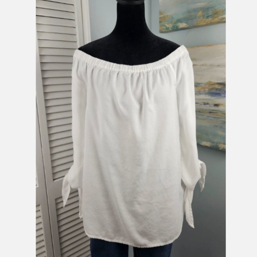 Crown & Ivy Off Shoulder Top Small White Tencel Chambray Tie Sleeve Minimalist
